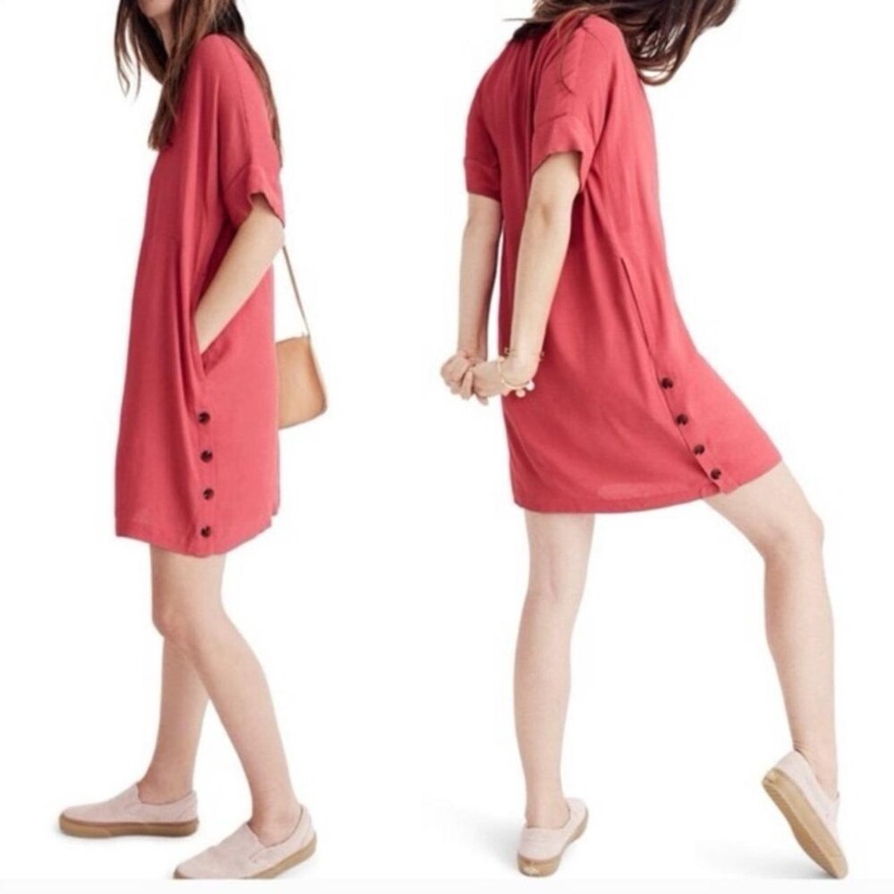 Madewell Shift Dress Coral Red Short Side Button Womens XS Journal Side Pockets